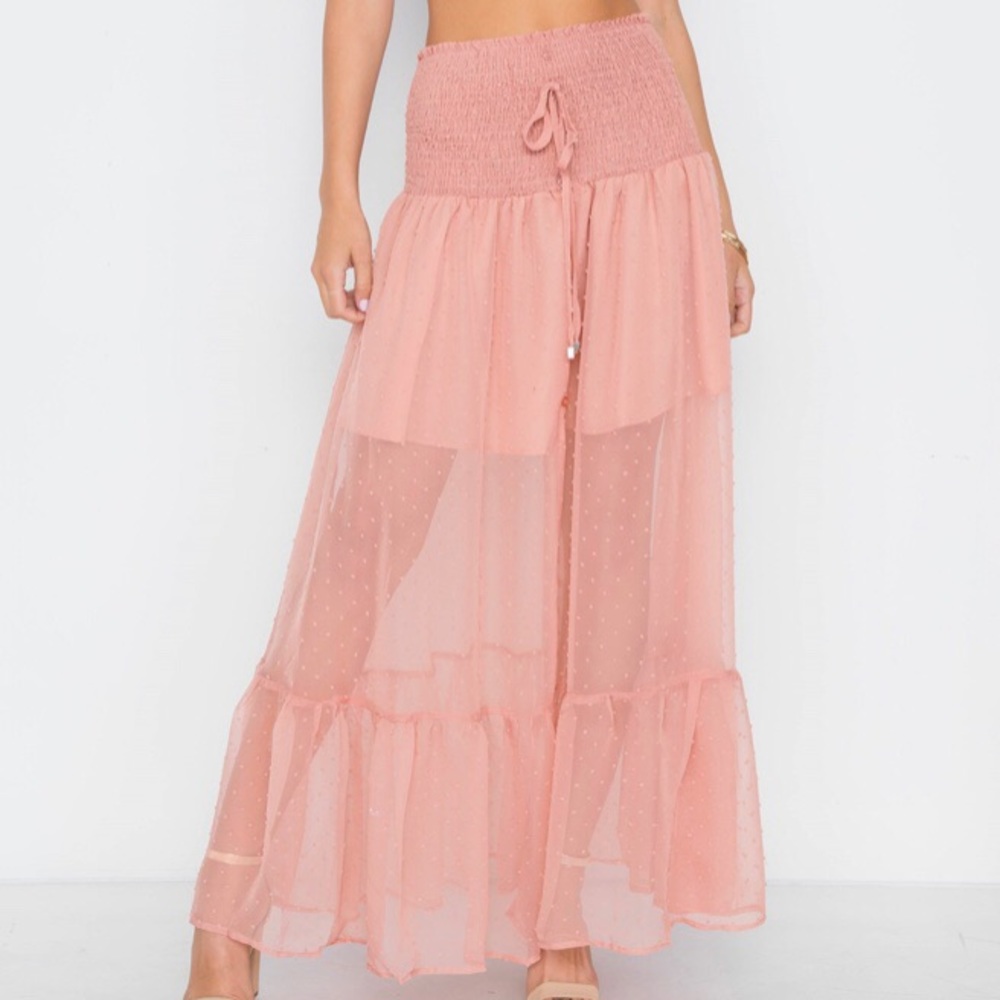NUDE SMOCKED HIGH-WAIST SHEER MAXI SKIRT - Picture 1 of 3